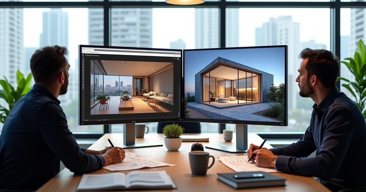 Arquitetos trabalham com IA em escritório moderno